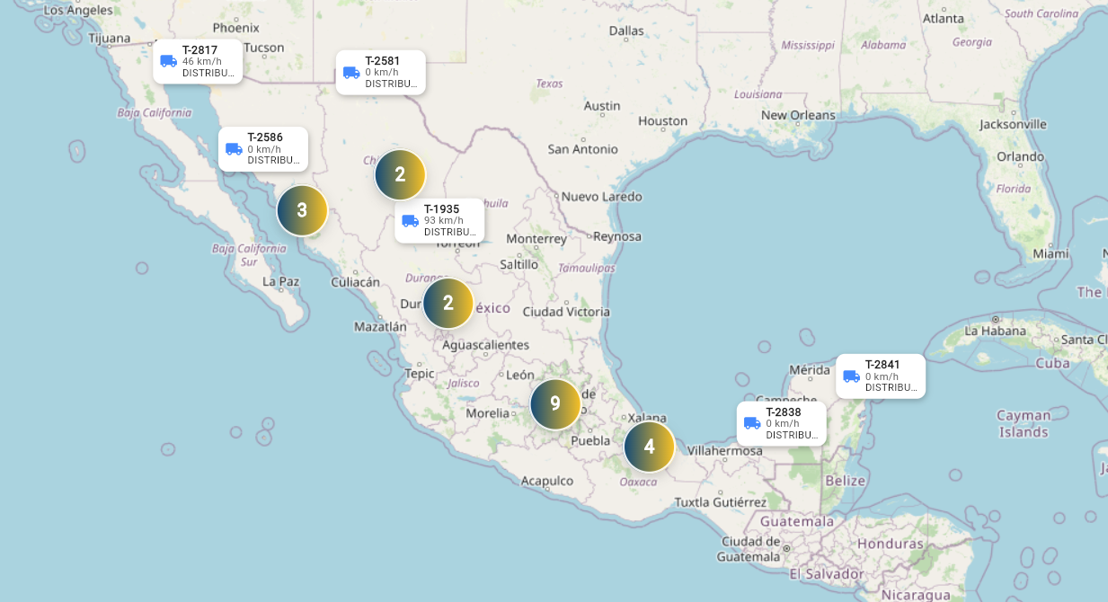 Videowall con mapa de México y rastreo de unidades